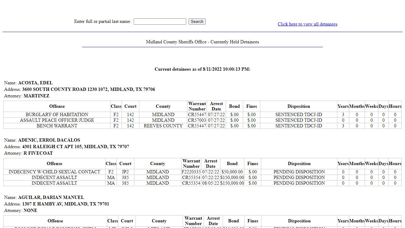 Midland County Sheriffs Office - Currently Held Detainees